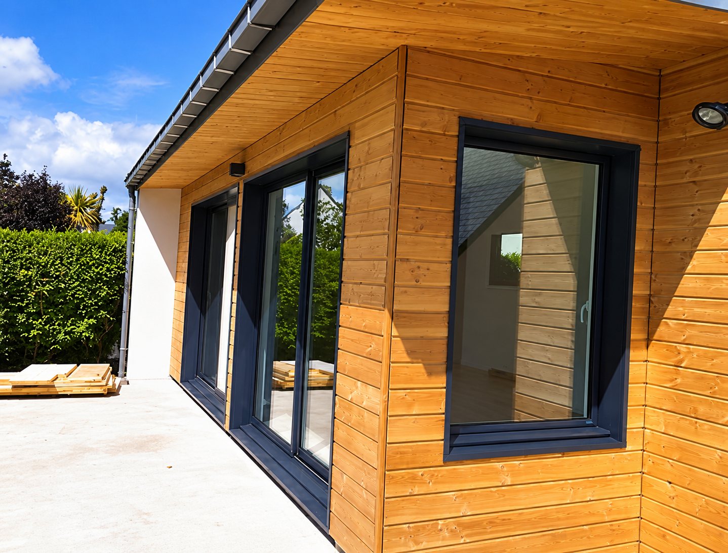Extension récente à bardage en bois clair équipée de grandes baies vitrées à cadre anthracite, donnant sur une terrasse en béton sous un ciel bleu.