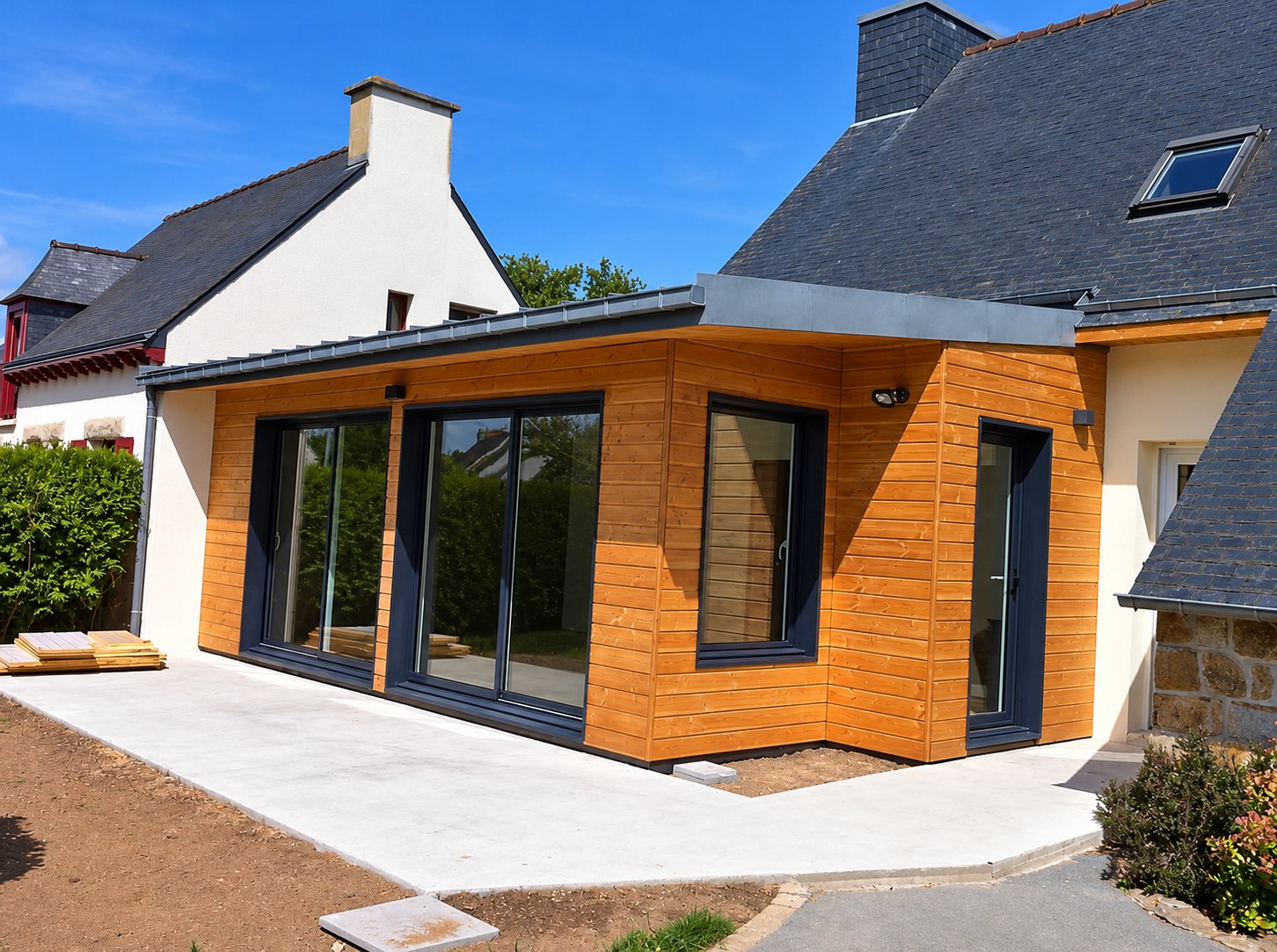 Pose de fenêtres. Extension moderne à bardage en bois et grandes baies vitrées anthracite, accolée à une maison traditionnelle à toit d'ardoise, avec terrasse en béton au premier plan.