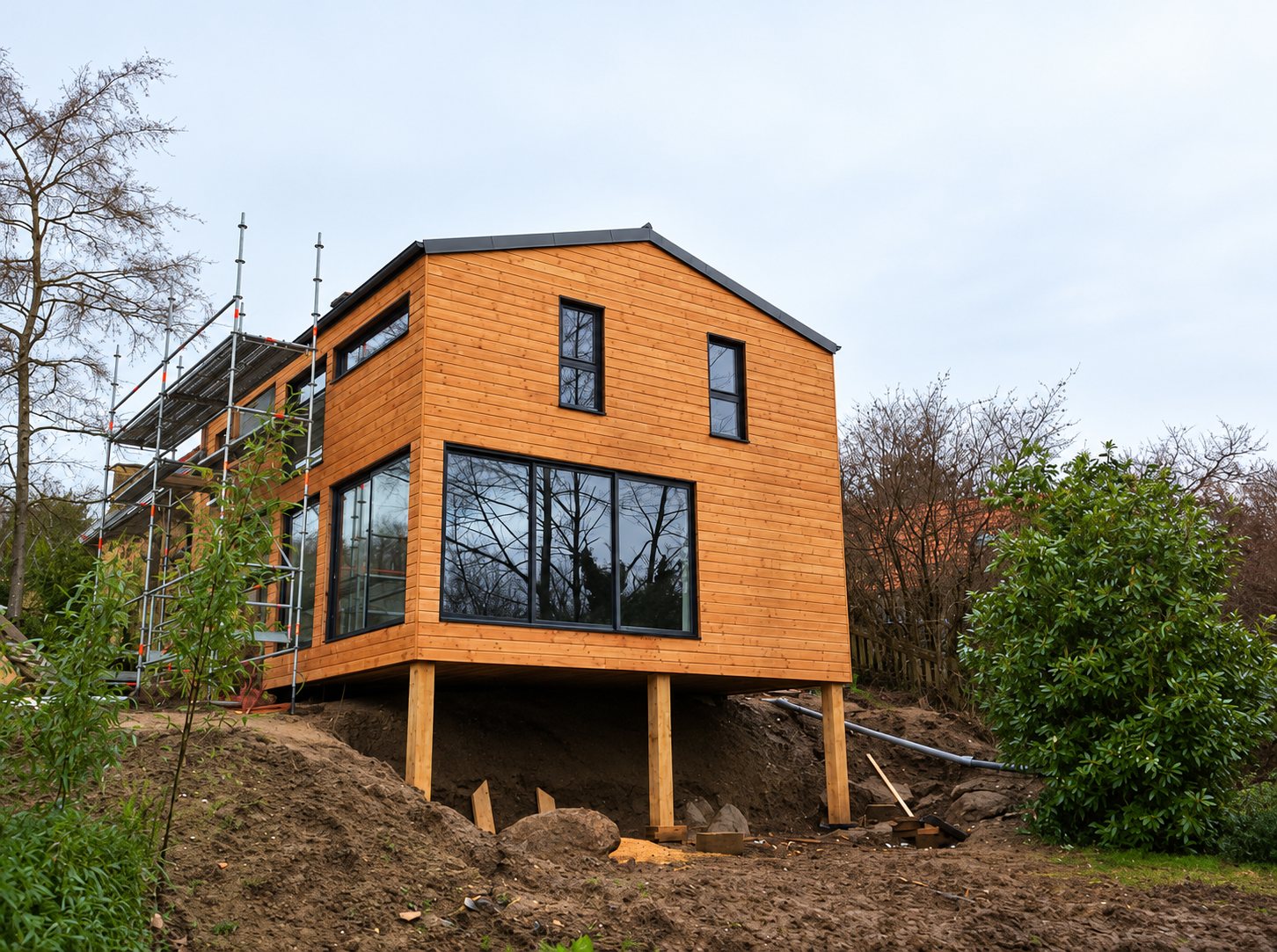 Création de maison en bois. Maison à bardage en bois posée sur des pilotis, avec de grandes baies vitrées et un échafaudage sur le côté, en cours de construction sur un terrain en pente.