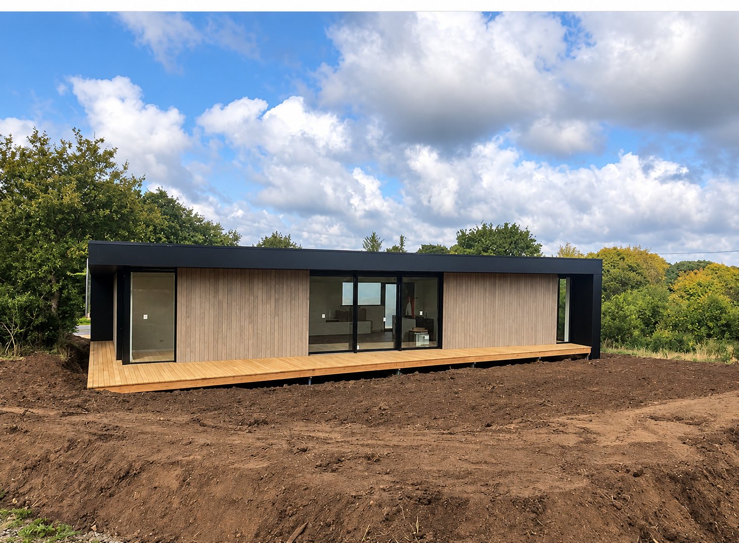 Maison ossature bois et terrasse. Une maison contemporaine de plain-pied au bardage en bois clair et toit noir, entourée d'une terrasse en bois, se dresse sur un terrain de terre fraîchement remuée sous un ciel nuageux.