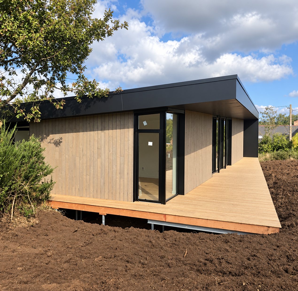 Création maison et terrasse. Maison de plain-pied à bardage bois et toit plat noir, entourée d'une terrasse en bois et d'un terrain de terre fraîchement remuée.