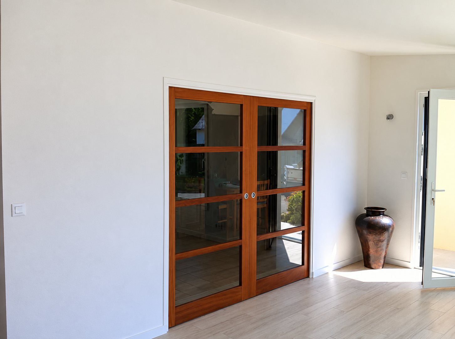 Croisillons et pourtour fenêtres. Une double porte coulissante vitrée à cadre en bois foncé est encastrée dans un mur blanc, à côté d'un grand vase en métal posé sur un parquet clair.