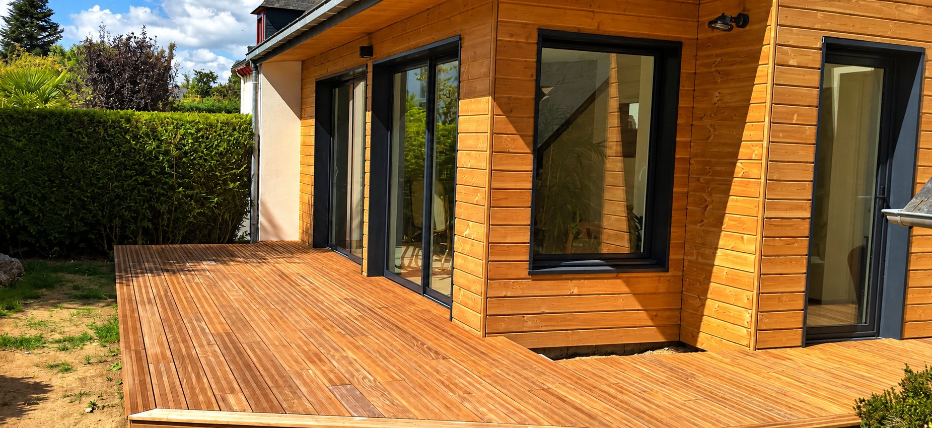 Une terrasse en bois exotique entoure une extension à bardage en bois clair équipée de grandes baies vitrées aux cadres sombres, avec une haie en arrière-plan.