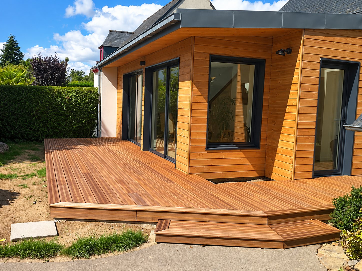 Une terrasse en bois avec deux marches longe une extension d'une maison au bardage en bois clair et aux grandes baies vitrées à cadre sombre.